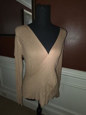 Chic Me ✨️Shimmery Tan V-Neck Wrap Ribbed Sweater